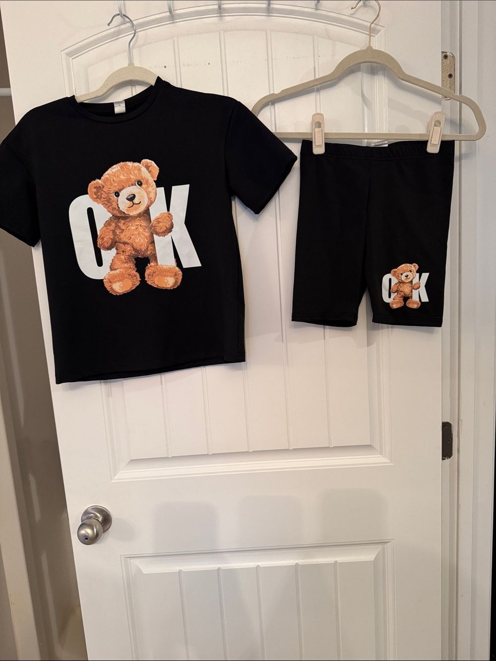 SHEIN Black Short Sleeve Tee and short set with Brown Teddy Bear Graphic